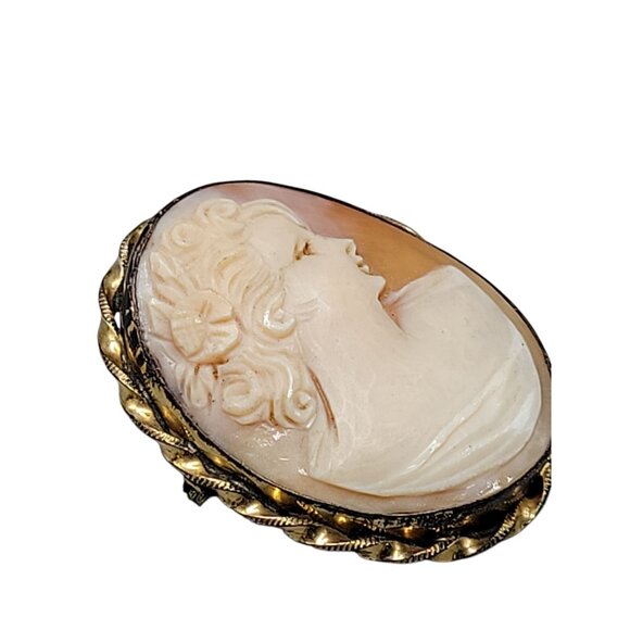 Marbro Carved Cameo 12kgf Brooch Pendant Vintage Curly Hair Pink White Shell - Picture 3 of 8